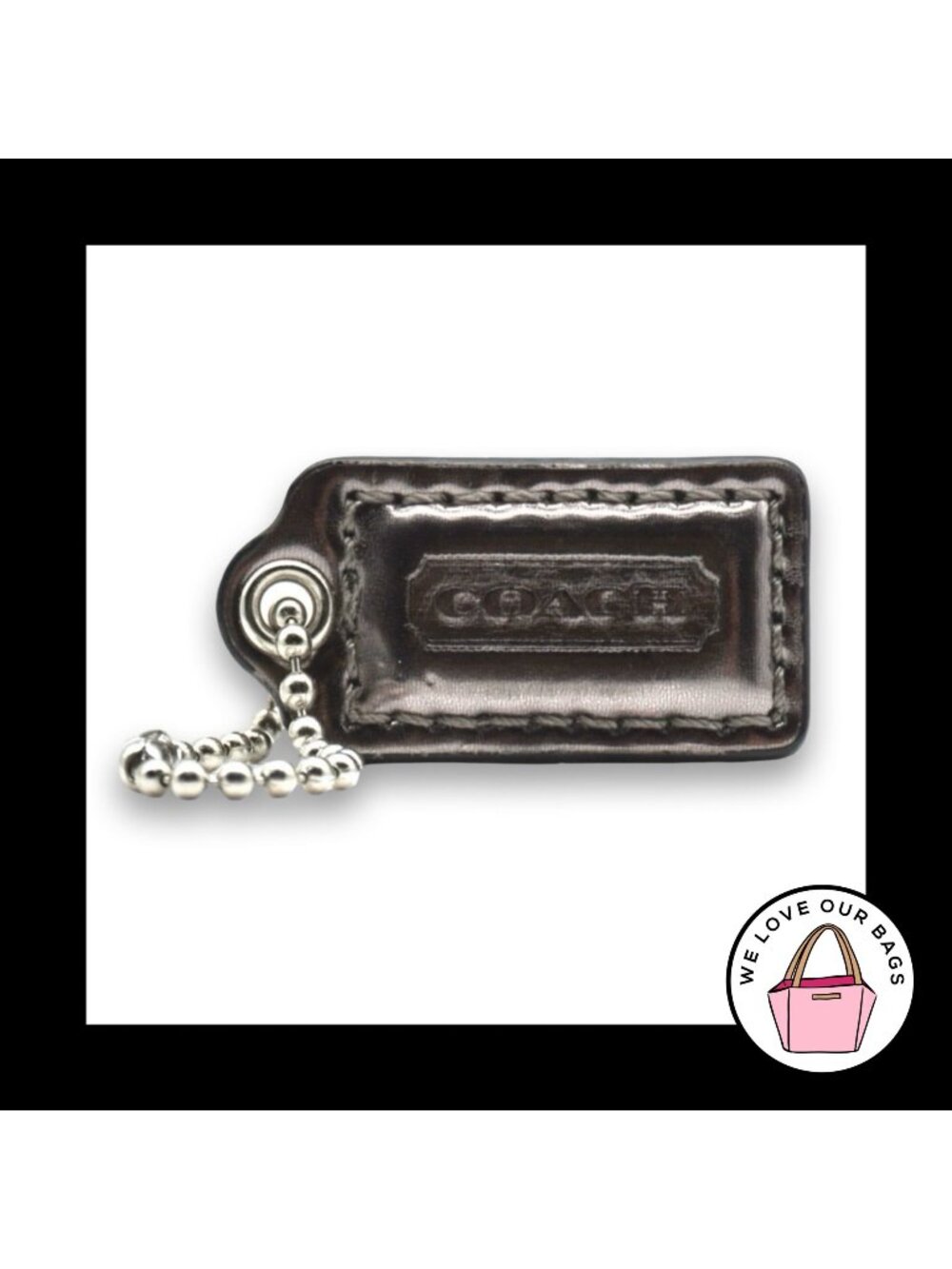 COACH POPPY HANG TAG 1.5" Dark Silver Mirrored Leather Bag Charm Keychain Fob